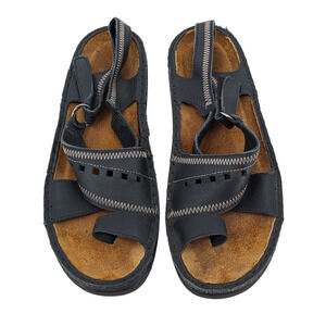 Vintage NAOT 39 Black Leather Cutout Toe Strap Sandals Zigzag Trim Exc Condition